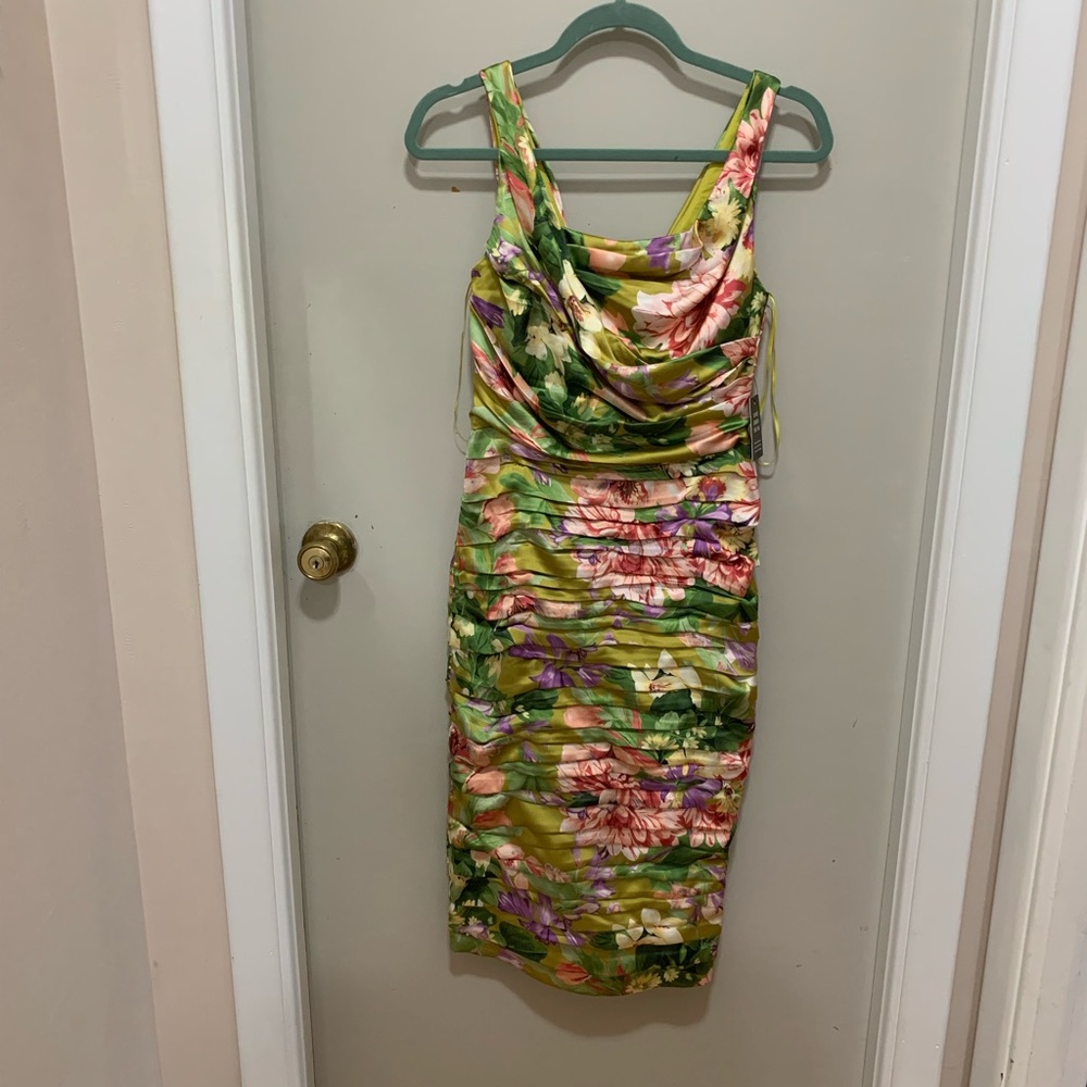 Express satin floral draped-neck ruched Midi Dress